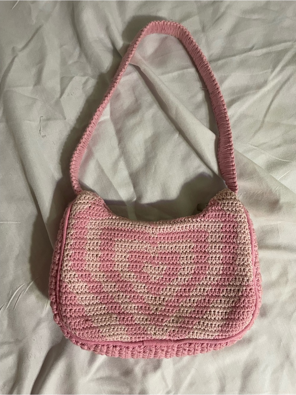 Pink Crochet Shoulder Bag - Casual Knit Handbag